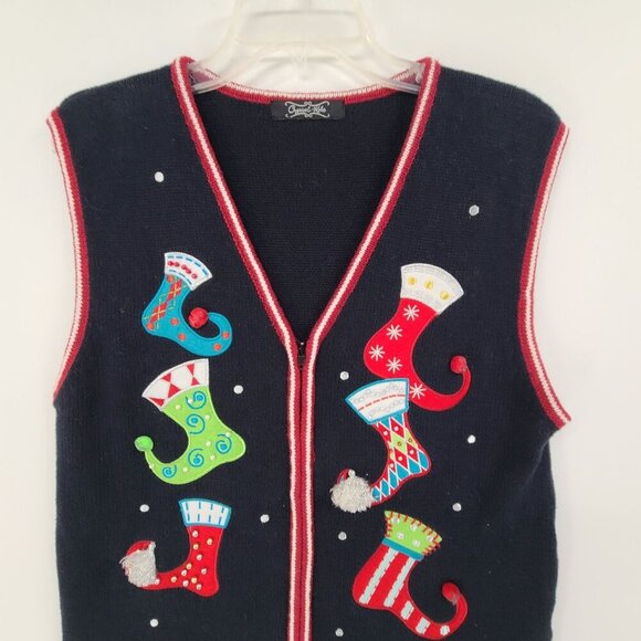 Crystal Kobe Knit Holiday Christmas Sweater Vest Stocking Design Embellished  Bl - Picture 3 of 6